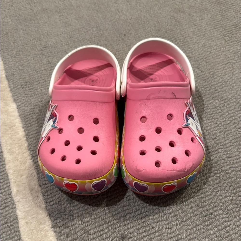 CROCS Pink and White 🦄 and Heart ❤️ Sandals J2